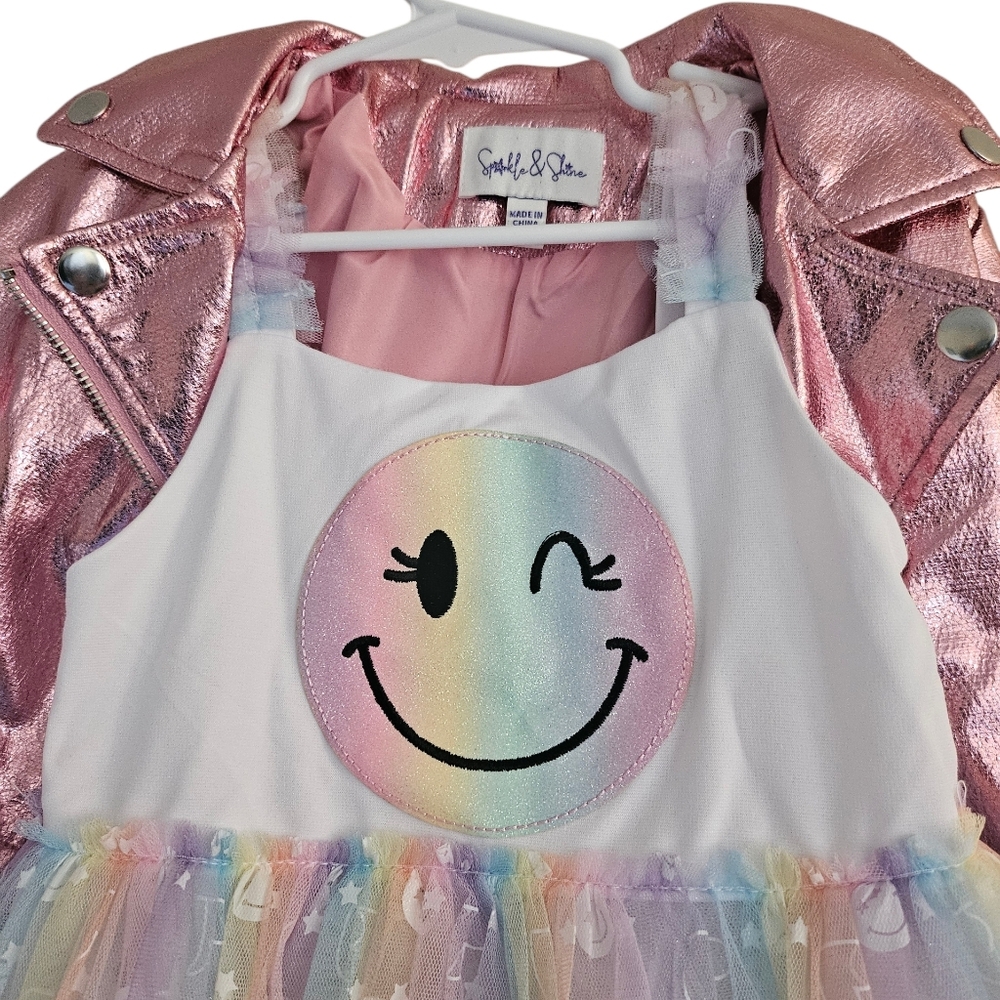 NWT Sparkle & Shine Girls Smiley Face Mesh Dress Metallic Moto Jacket Set, 4T - Picture 5 of 16